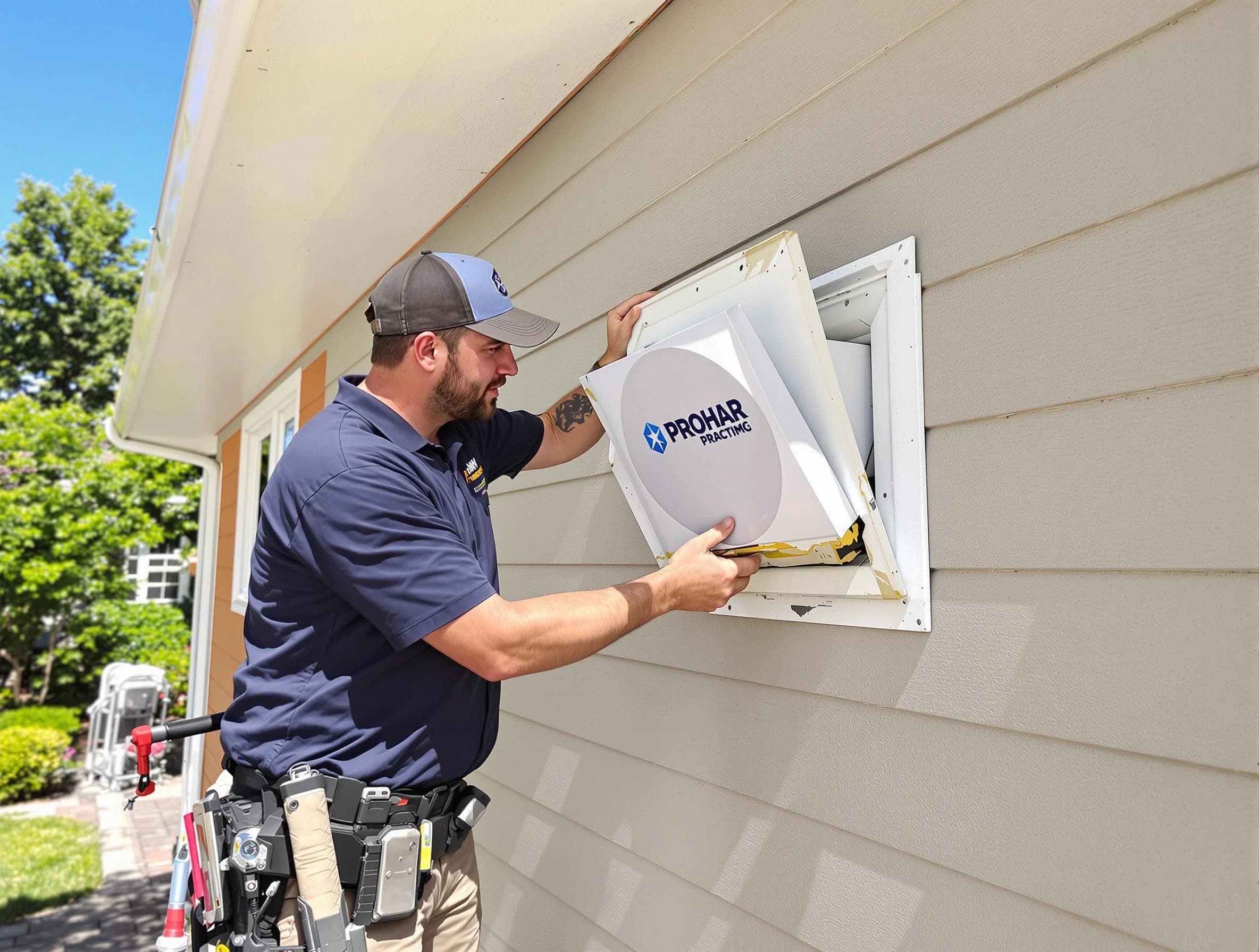 Littleton Dryer Vent Cleaning technician installing a new protective dryer vent cover on a home in Littleton