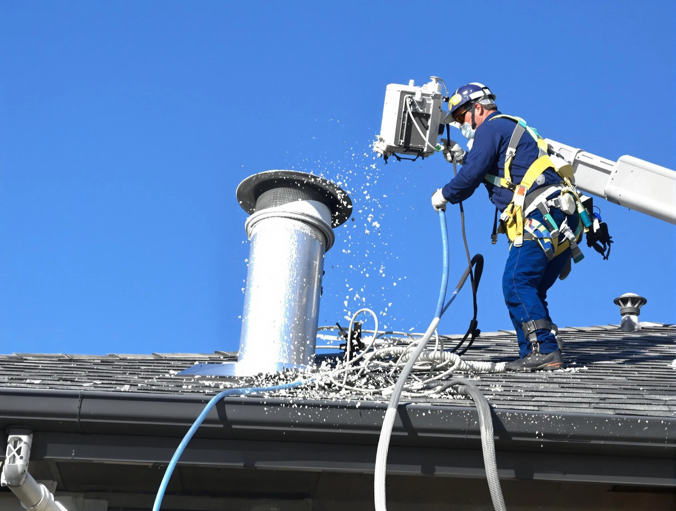 Littleton Dryer Vent Cleaning certified technician safely cleaning a roof-mounted dryer vent in Littleton