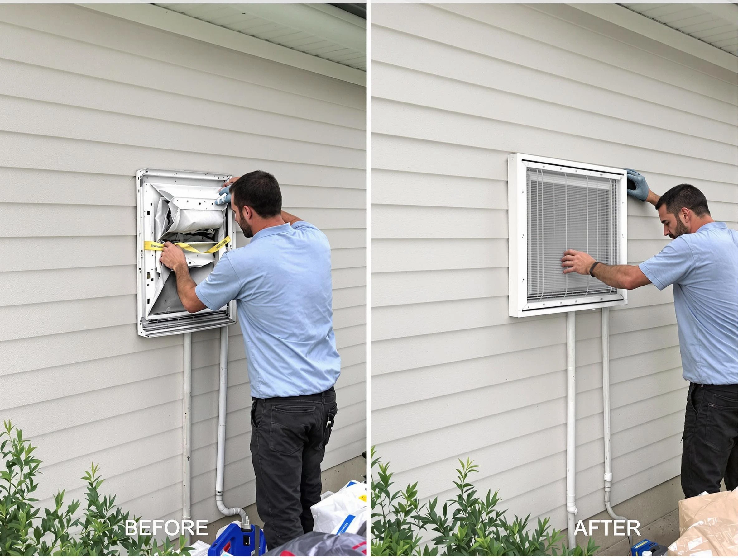Littleton Dryer Vent Cleaning technician installing high-quality dryer vent cover at a residential property in Littleton